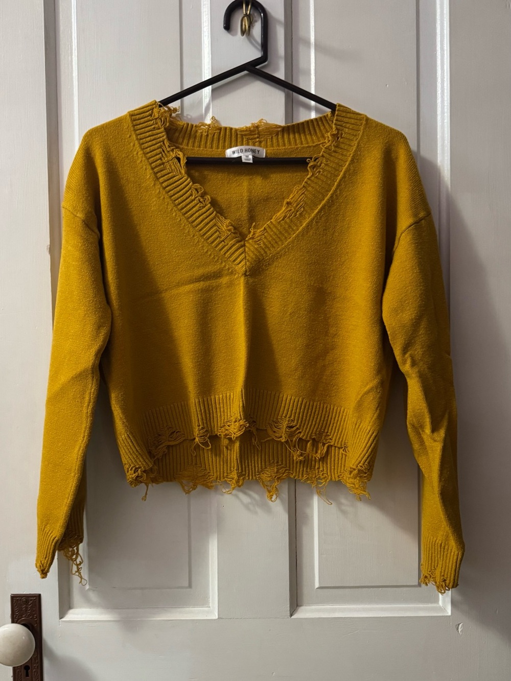 Wild Honey Mustard Distressed V-Neck Sweater
